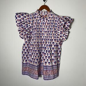 NWT! Womens Oliphant Pintuck Ruffle Top Blue and Pink Patterned Size M